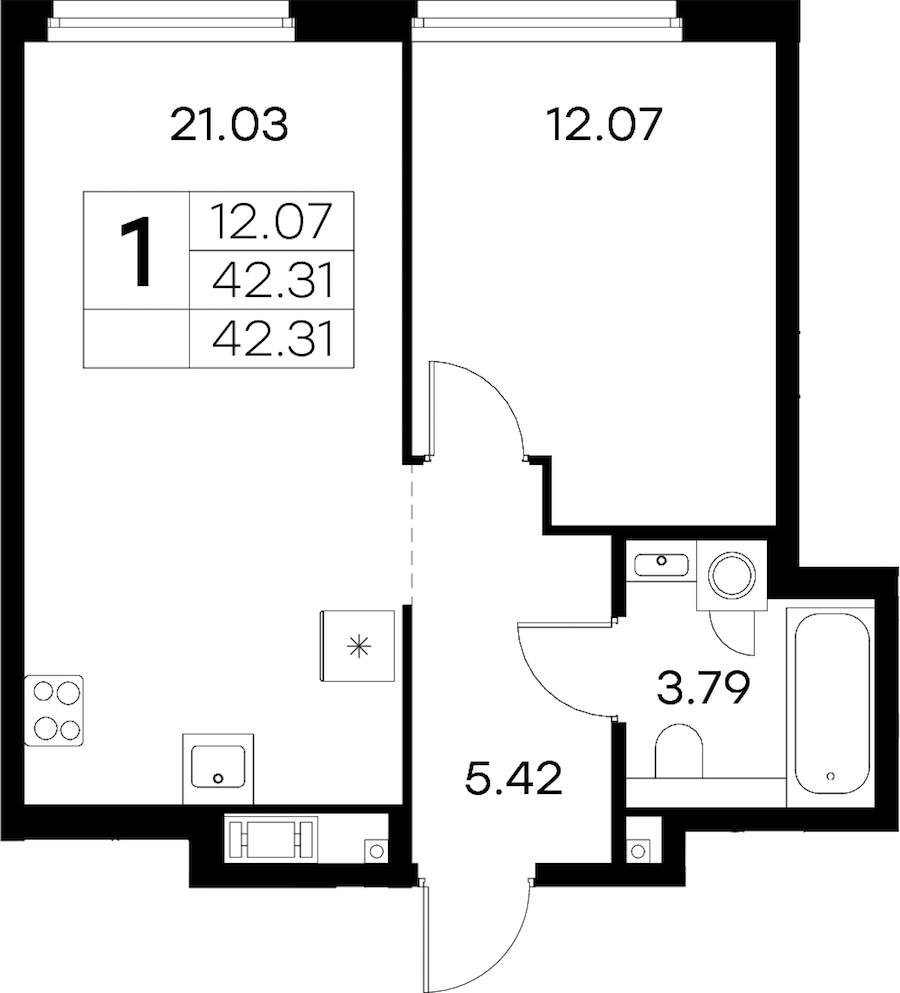 1-комнатная квартира 42.31 м², 6/18 эт., ЖК «Glorax City Василеостровский»